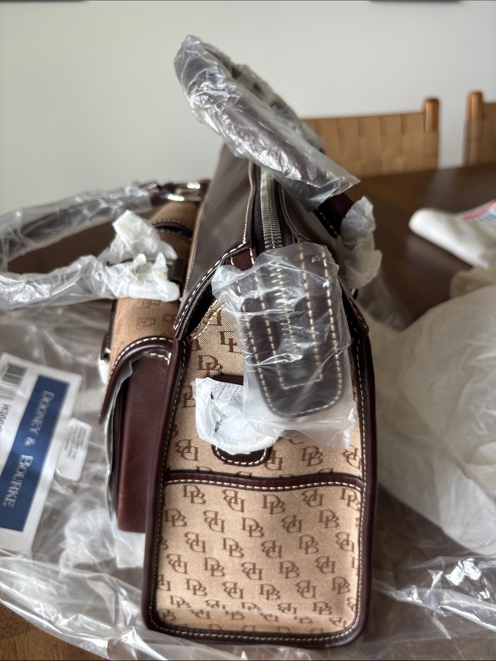 Dooney & Bourke Brown Logo Canvas Dual-Pocket Satchel with Cream Panels - Picture 2 of 3